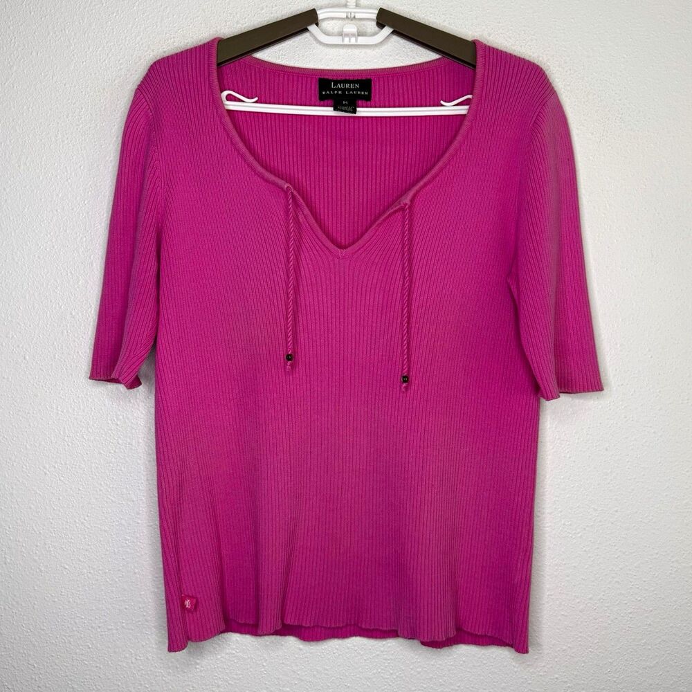 Lauren Ralph Lauren Women’s Ribbed Knit V-Neck Pullover Top Pink Medium